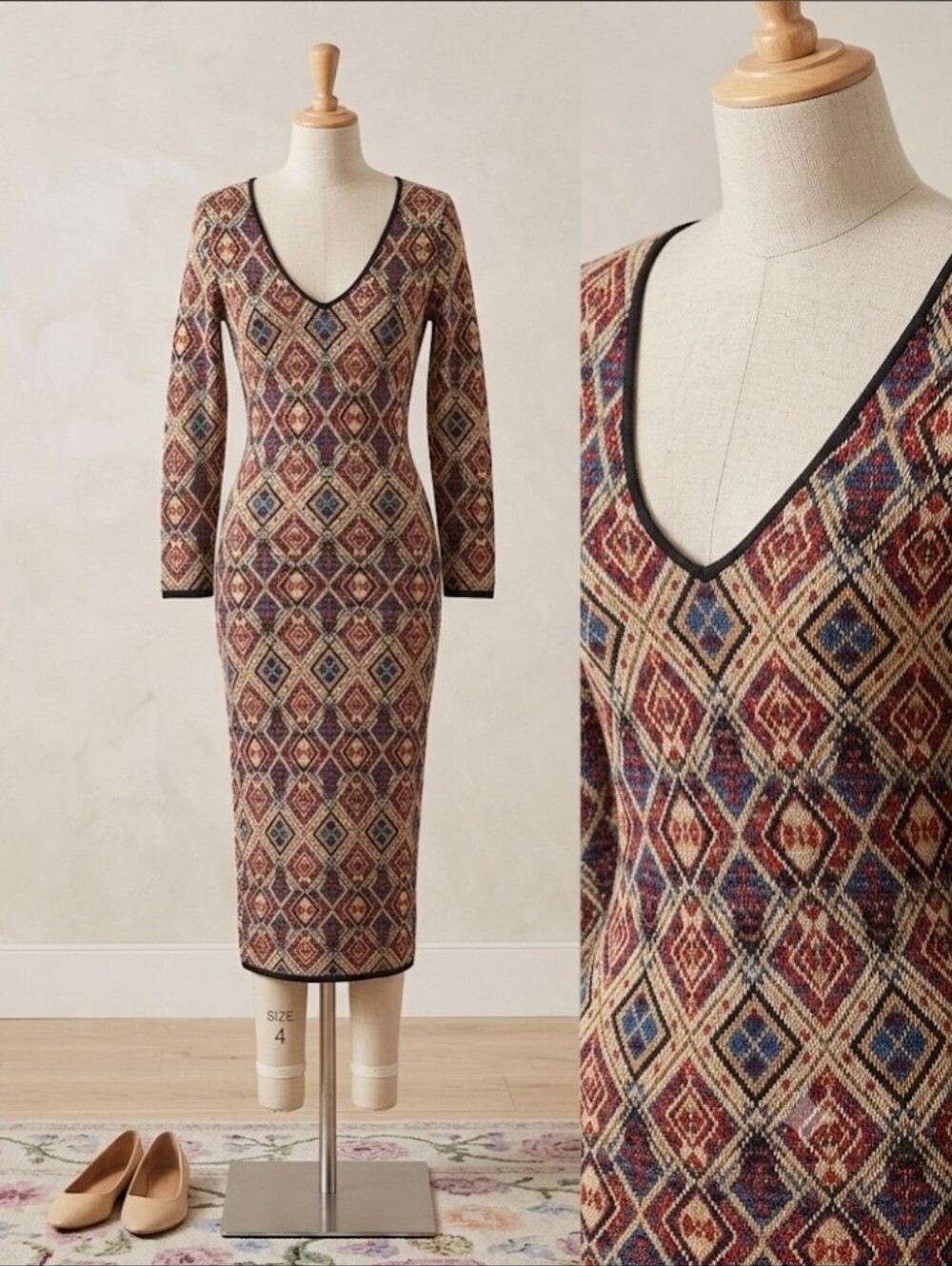 Geometric Diamond Knit Midi Dress Medium V-Neck Long Sleeve Bodycon Sheath